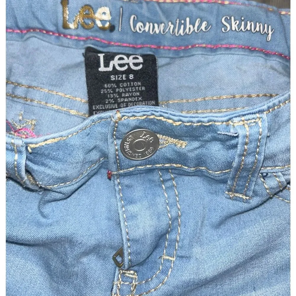 Lee Jeans Convertible Skinny Stretch Adjustable Embroidered Flowers Girls SZ 8